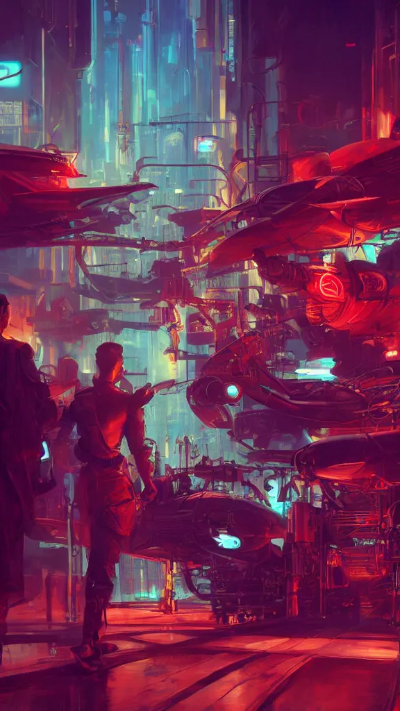 Image similar to concept art, retro - futurist steampunk pilots hang out, octane render, artstation, dramatic neon lighting, reflections, glowing imperial motifs, red turquoise accents, bladerunner, by gerald brom, james jean, syd mead, akihiko yoshida, cinematic
