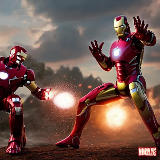 Image similar to iron man and war machine fighting, unreal engine 5, hyper detailed, realistic, volumetric lighting, octane render, 4 k