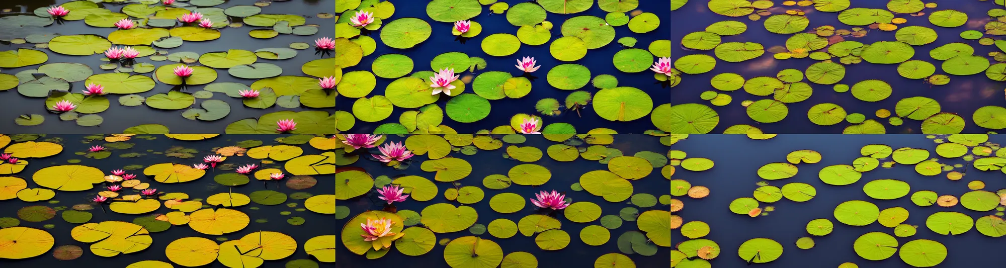 Prompt: lily Pads and Lotus flowers, golden hour, close up, DOF, 8k, artstation, atmospheric, morning mist,