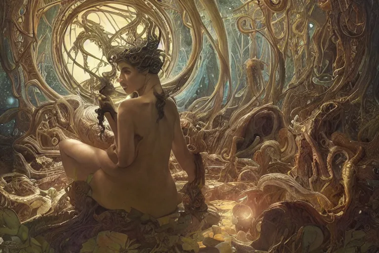 Image similar to a lovecraftian painting of the study of the unknowable, cosmic horror elements, ultra realistic, concept art, intricate details, eerie, highly detailed, photorealistic, octane render, 8 k, unreal engine. art by artgerm and greg rutkowski and alphonse mucha