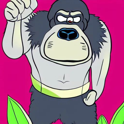 Image similar to Anthropomorphic bipedal gorilla wearing a t-shirt and shorts, in the background is lush jungle, manga