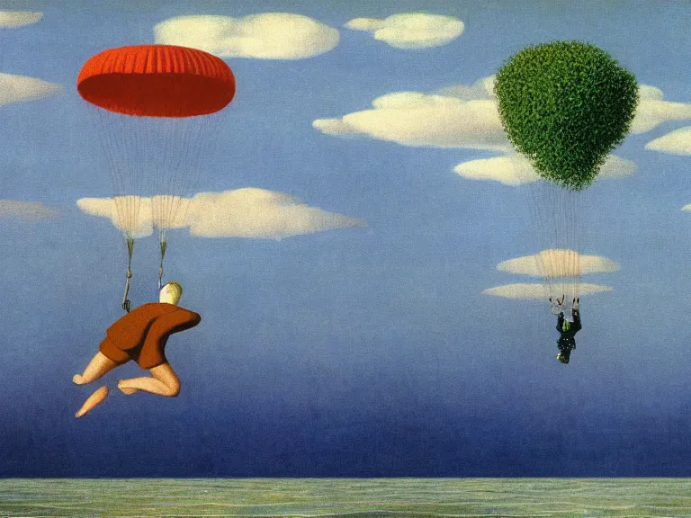 Prompt: man parachuting on a small island in the middle of a big lake painting by rene magritte, high detail, high resolution