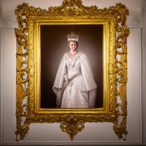 Image similar to single portrait of the queen in the main room of the castle, one point of light coming through the top. baroque style, lights refraction