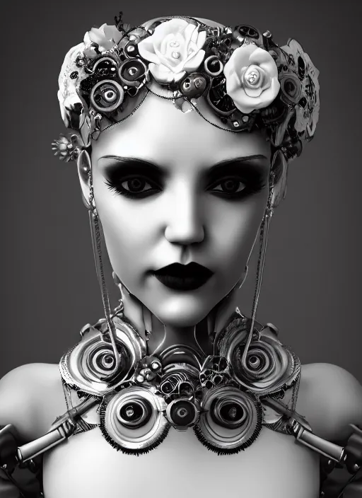 Prompt: black and white dreamy profile face portrait, one silver steampunk eye biomechanical beautiful angelic young female cyborg - robot bust, body ribs meshes,, volumetric light, hibiscus flowers, rim light, big gothic fashion pearl embroidered collar, 1 9 3 0, 8 k