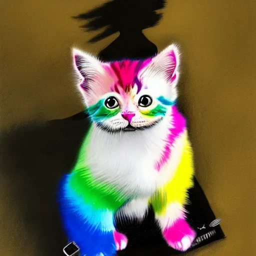 Image similar to wide angle full body, jacket wearing fluffy cute rainbow kitten wearing a black leather motorcycle jacket, cinematic concept art