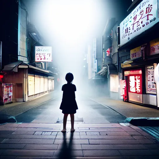 Image similar to a young japanese girl standing in the middle of a tranquil nighttime tokyo street. neon signs light the fog with volumetric rays.