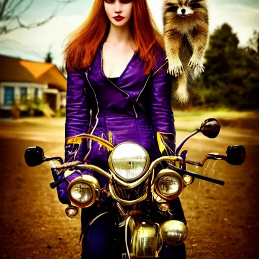 Image similar to a photo by arbus of a slender beautiful woman with straight ginger hair and bangs, wearing purple leathers and gold helmet, posing with large ginger tabby and raccoon on a motorcycle in her front yard, holding coffee mug and toasted brioche bun, fashion photography, dramatic lighting, 8 5 mm lens