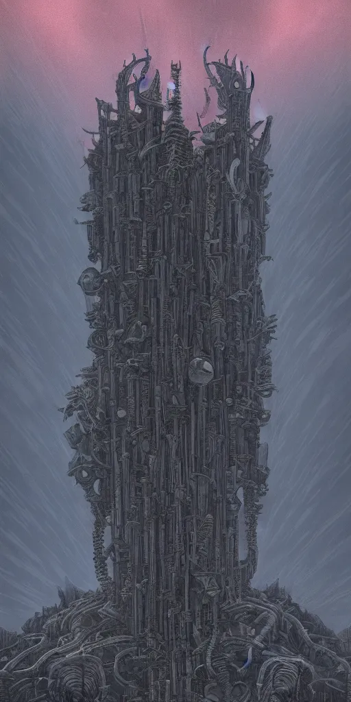 Image similar to space temple to death god, distant view, night sky, well lit sanctum, eerily beautiful, light rays, skeletal architecture, maximalist, awe inspiring, foreboding, ominous, miyazaki style, junji ito style, nausicaa, beksinski, studio ghibli, precise lines, bones , 8k, epic composition, cinematic, artstation, golden ratio,