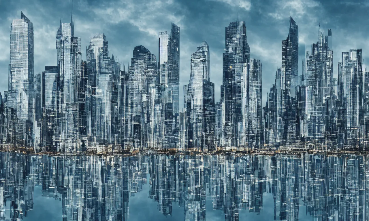 Prompt: reflections of a city skyline in water photorealistic