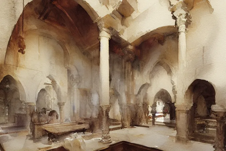 Prompt: abstract watercolor painting of spanish arabian lord house interior, in stone, magical and traditional, cinematic light, national romanticism by anders zorn, by greg rutkowski, by greg manchess