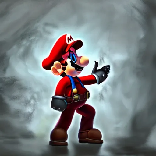 Prompt: concept art of mario in a ruined kingdom, resident evil, horror, occult, terror, mist, volumetric render, digital painting, detailed painting