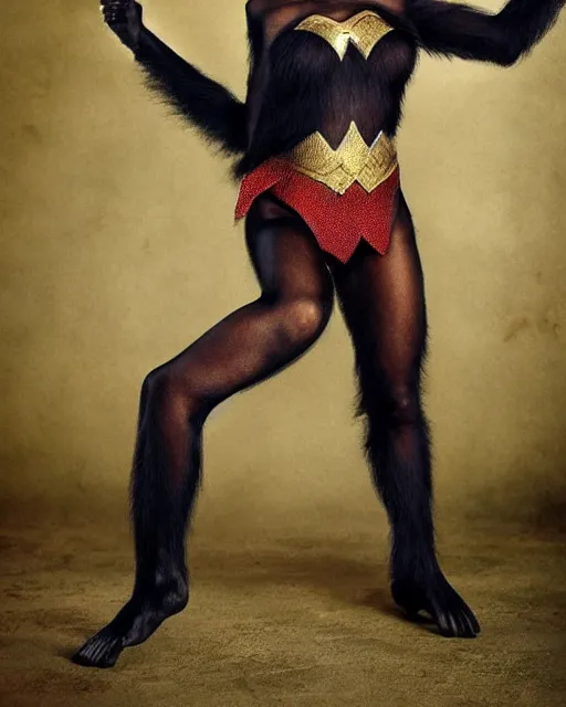 Image similar to Full body photos of a beautiful Chimpanzee dressed as Wonder Woman. Hyperreal, photorealistic, photography in the style of Annie Leibovitz