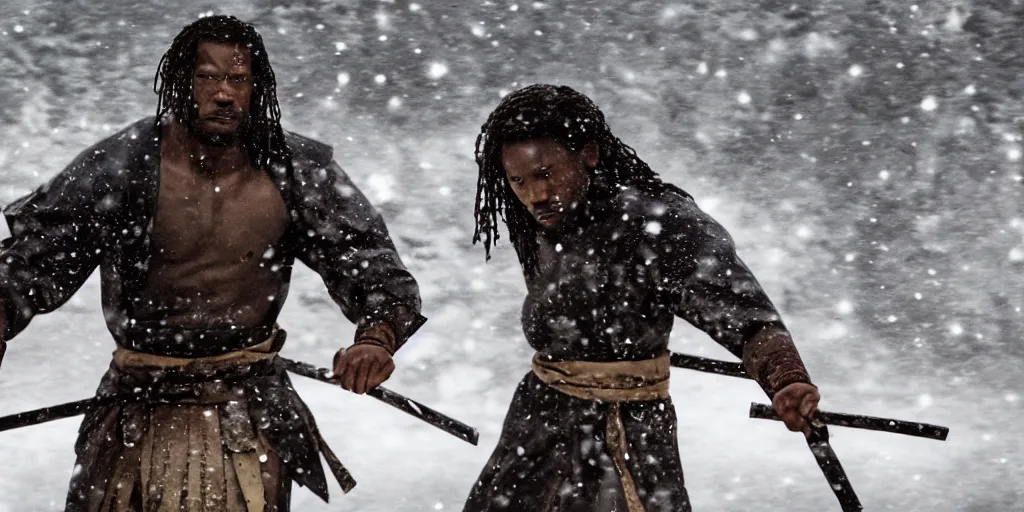 Image similar to a film still of a black man starring in a japanese blockbuster film as ancient samurai, snow falling, shallow depth of field, cinematic, award winning cgi, vfx, film still