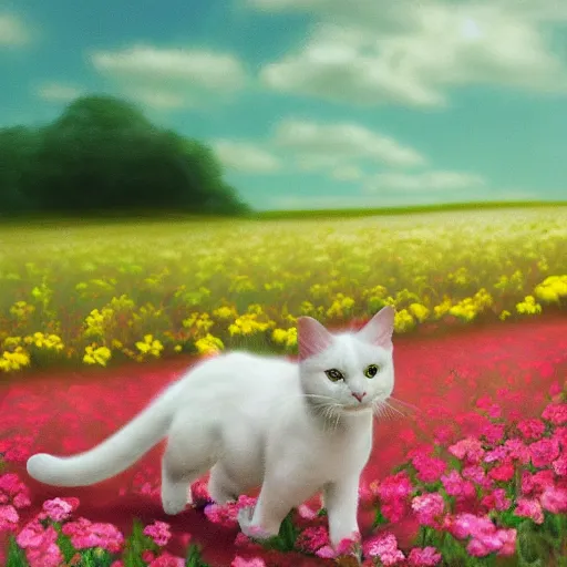 Prompt: cat walking in a flowery field, photorealistic