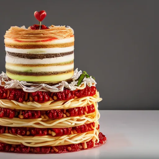 Prompt: a tripple layer wedding cake made out of pasta spaghetti, professional food photography, very detailed, 4k