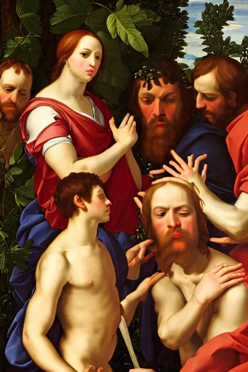 Image similar to renaissance painting of jealous men, portrait, face closeup, emotions closeup, dressed in roman clothes, the beautiful garden with blueberry bush everywhere, ultra detailed, art by guido reni style, vincenzo catena style