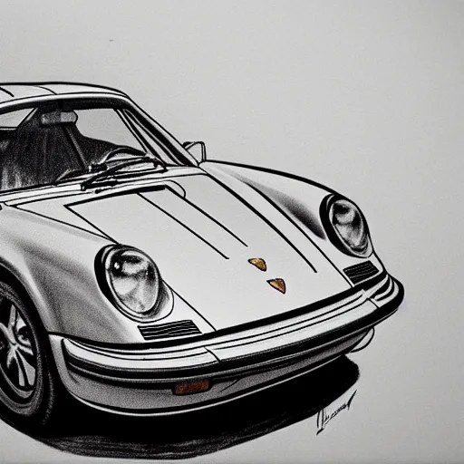 Image similar to black and white pencil sketch of a porsche 9 1 1 9 6 4 carrera 2