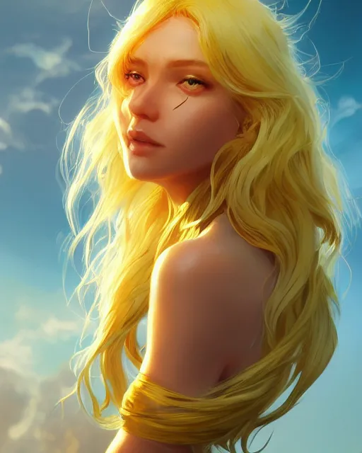 Prompt: a beautiful sun goddess, flowy yellow golden hair, golden eyes, sun, summer, cinematic lighting, highly detailed, digital painting, trending on artstation, pixiv, concept art, sharp focus, illustration, art by ross tran and wlop