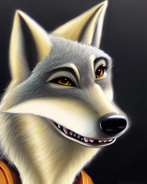 Image similar to oil painting of anthromorphic female wolf, in style of zootopia, female fursona, furry, furaffinity, 4 k, deviantart, furry art, fursona art, wearing black business suit, business suit, wolf fursona, female, very expressive detailed feminine face,