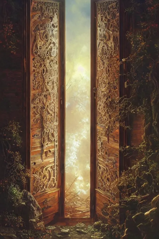 Image similar to large rustic intricately decorated wooden double door, metal handles, a view to a fantasy world, ethereal back light, mist, coherent composition, fantasy painting by noriyoshi ohrai, yuumei