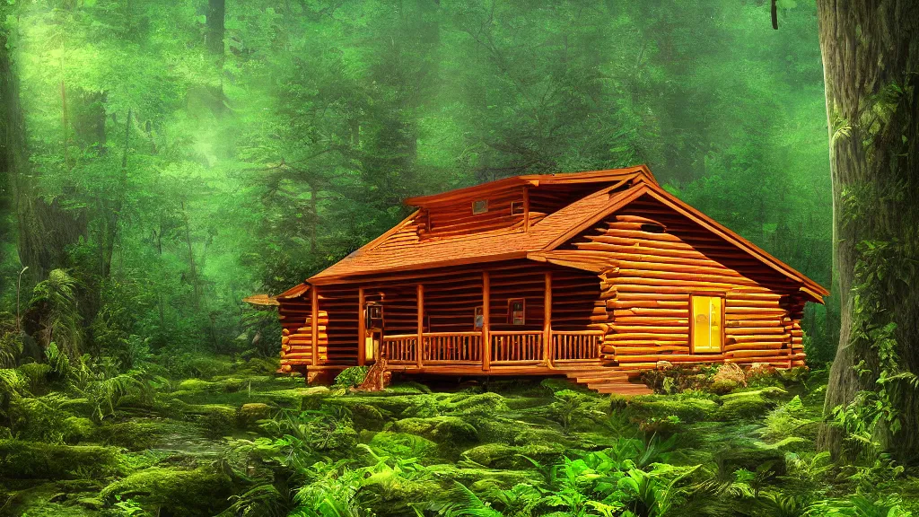 Image similar to golden log cabin in a vaporwave jungle, 4k, ultra realistic, award winning Photograph