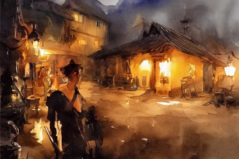 Image similar to paint brush strokes, abstract watercolor painting of rustic village at nightfall, lantern, ambient lighting, art by hans dahl, by jesper ejsing, art by anders zorn, wonderful masterpiece by greg rutkowski, cinematic light, american romanticism by greg manchess, creation by tyler edlin