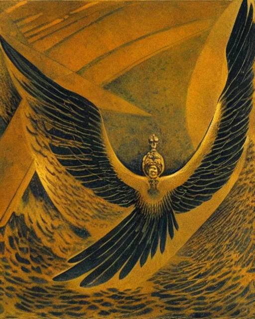 Image similar to calibri bird flies over the abyss Gustav Kilmt, symbolist, gold leaf, 1908