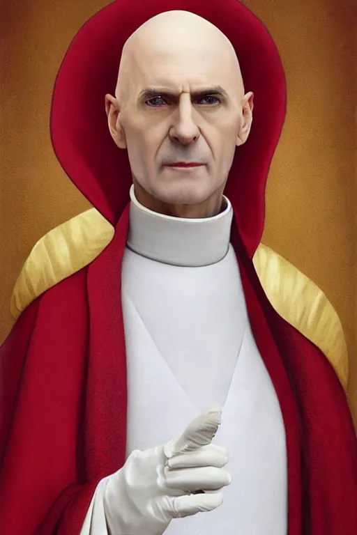 Prompt: a bald pale sorcerer in his late ninetees. stately and dour in his expression. eyeliner accentuates his sunken eyes. a high black turtleneck covers his thin neck. opulent white golden red robe. white leather gloves with gold decoration, his face a mix of steeve jobs and benedict xvi, sharp focus, art by magali villeneuve