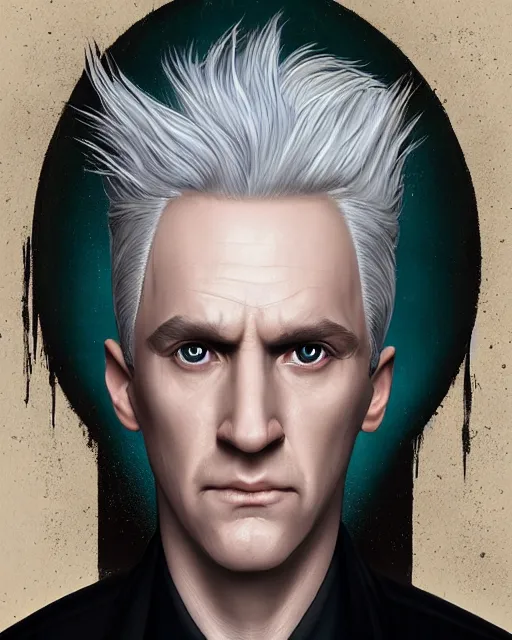 Prompt: portrait of 4 0 - year - old man with white hair with a pale complexion, pointed face and grey eyes, malfoy, clear smooth face, no beard, wearing all black clothes, haughty facial expression, hyper realistic face, beautiful eyes, character art, art by mark brooks, hyperdetailed, cryengine, trending on artstation, digital art