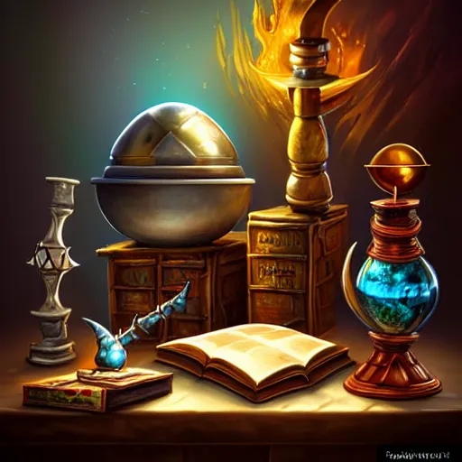 Prompt: photorealistic, table, wizards laboratory, mortar, pestle, scales, magic book, tony sart,