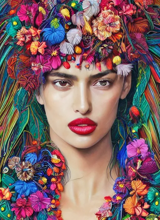 Prompt: beautiful portrait of Irina Shayk wearing fantastic Hand-dyed cotton dress,embellished beaded feather decorative fringe knots ,colorful pigtail,subtropical flowers and plants,symmetrical face,intricate,elegant,highly detailed,8k,digital painting,trending on pinterest,harper's bazaar,concept art, sharp focus, illustration,golden ratio,by artgerm,Tom Bagshaw,Lawrence Alma-Tadema,greg rutkowski