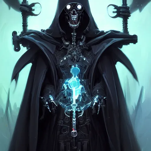 Prompt: a portrait of a menacing cybernetic grim reaper in black cloak, cyberpunk concept art by pete mohrbacher and wlop and artgerm and josan gonzales, digital art, highly detailed, intricate, sci-fi, sharp focus, Trending on Artstation HQ, deviantart, unreal engine 5, 4K UHD image