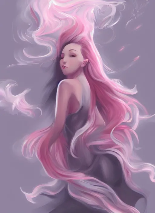 Image similar to digital painting, full body portrait, dynamic poses, anime face, glowing woman, pink and grey clouds, flowing hair, by lois van baarle, by loish, trending on artstatio