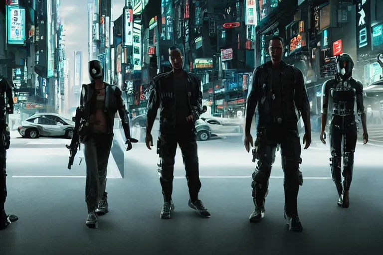 Image similar to movie diverse interracial team of Japanese sci-fi futuristic robbers armed with rifles interior clean futuristic tactical van, cyberpunk city, beautiful skin, Symmetrical faces. natural lighting by Emmanuel Lubezki