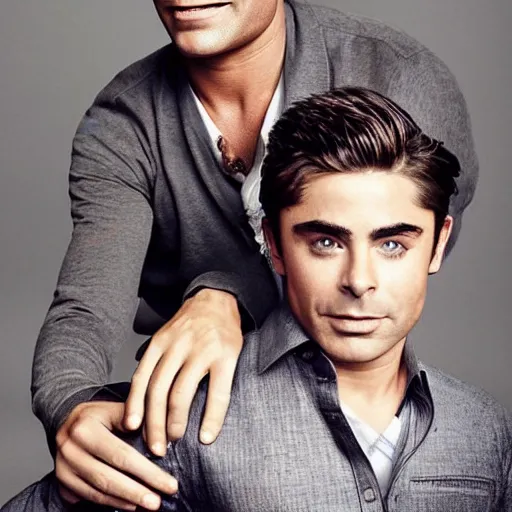 Image similar to zac efron and john stamos as father and son, vogue magazine, dramatic light, photoshoot,