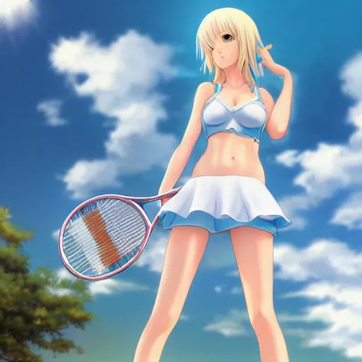 Prompt: full body shot : a very beautiful young blond tennis anime girl, sky blue eyes,, bikini, white miniskirt, highly detailed, cinematic wallpaper by stanley artgerm lau