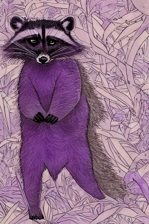 Image similar to purple stelar raccoon in the style of Rebecca Guay, high resolution 4k