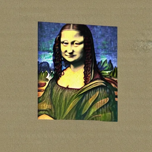 Image similar to painting of minecraft dirt block, high definition picture of a painting of a person with a minecraft dirt block as a head on a wall, with only the body of the mona lisa