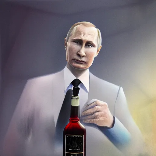 Prompt: vladimir putin wearing a sexy dress and holding a bottle of arak, cinematic, beautiful digital painting, hyper detailed