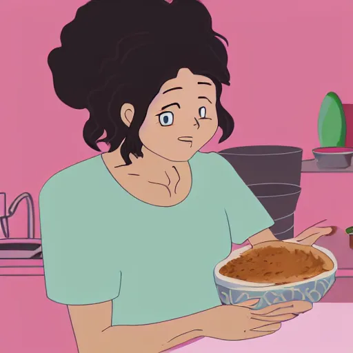 Image similar to portrait of a smiling woman with dark curly hair in a pink t-shirt shirt and high-rise jeans making sourdough in sunlit kitchen, by studio ghibli