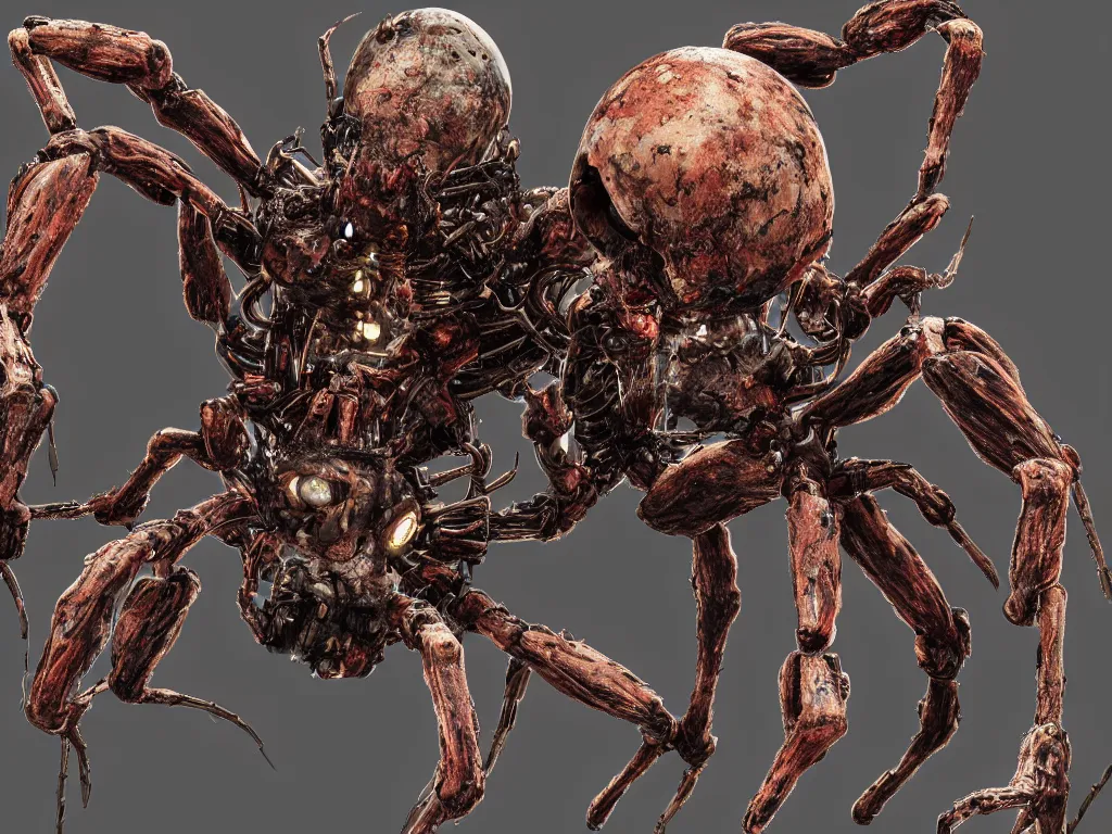 Prompt: Techno-biological iron-meat spider with big artillery cannon on his head consisting of tumors, veins, guts, kidneys, wires, long spider paws, chitin, bones. Bodyhorror, biopunk, extremely high detail, ultra realistic, photorealism, concept art, octane render, view from a distance, 8k, 16k