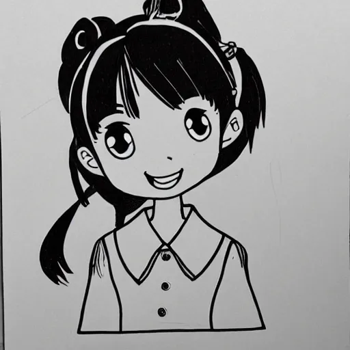 Prompt: a perfect professional sketch of a funny and cute Japanese schoolgirl, by ink pen, in style of Disney Pixar, CalArts, on high quality paper