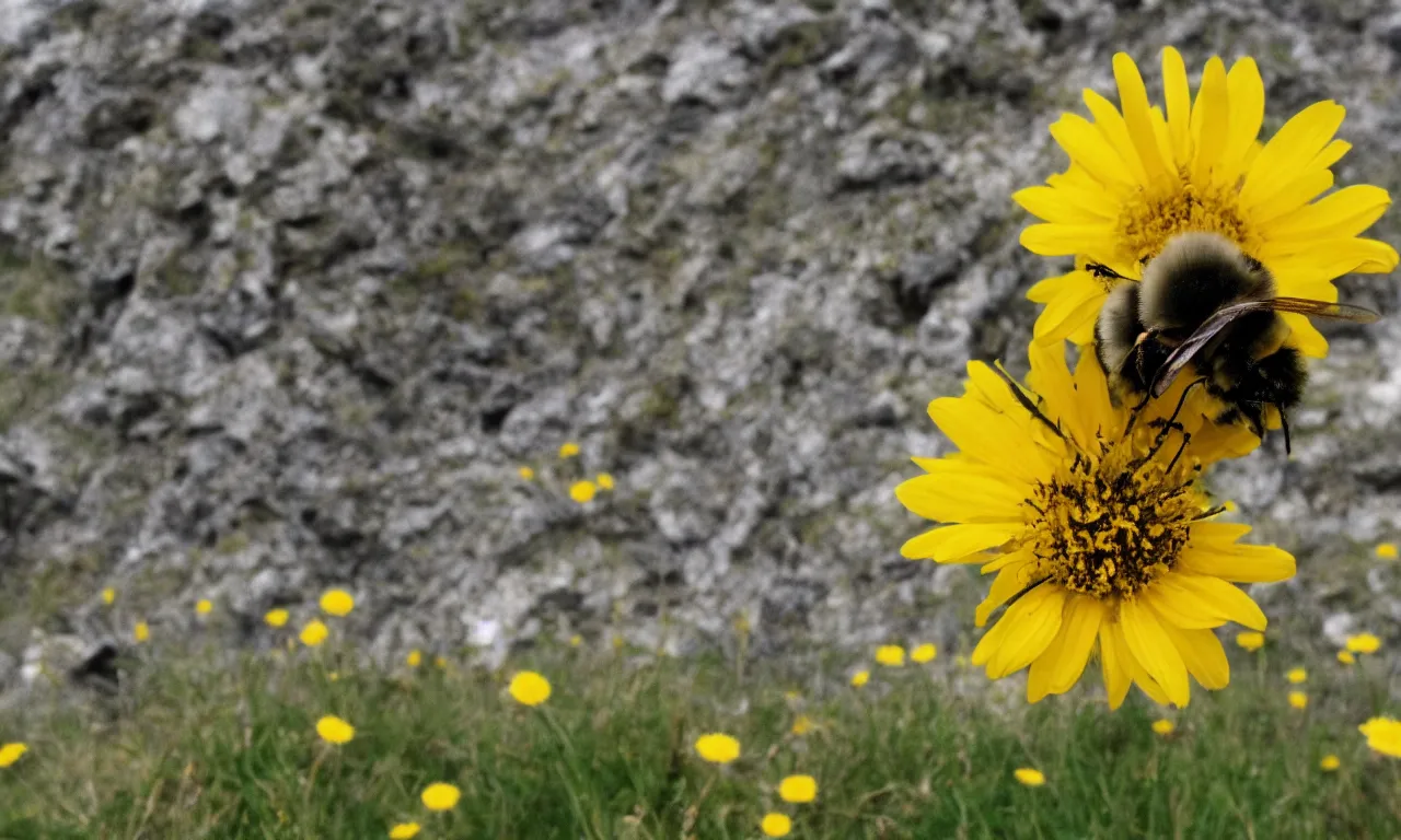 Image similar to a fluffy bee pollinating a yellow daisy, cliffs of moir visible in background. close up photograph, shallow depth of field, overcast day, kodachrome, mid angle