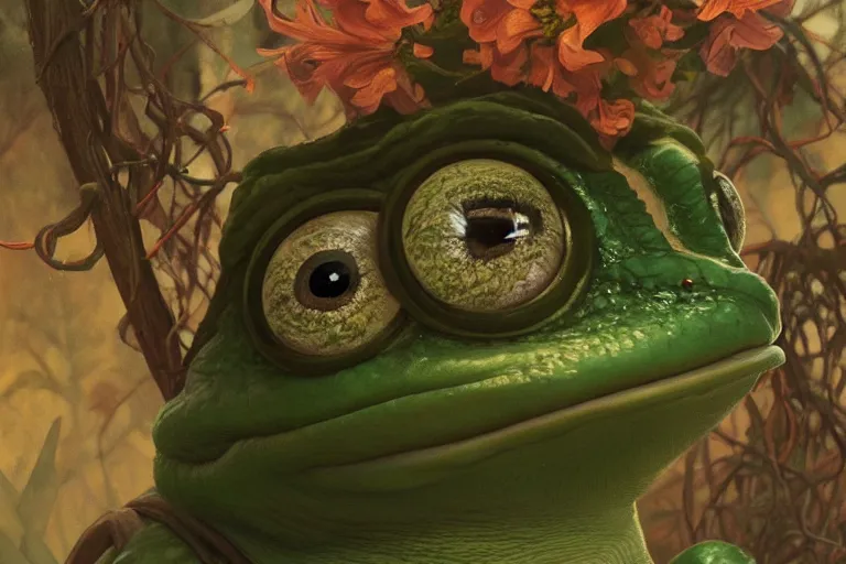 Prompt: music video screenshot of Pepe the Frog, unreal, fantasy, intricate, elegant, dramatic, highly detailed, photorealistic, digital painting, painterly, artstation, concept art, smooth, sharp focus, art by John Collier and Krenz Cushart and Artem Demura and Alphonse Mucha and Albert Aublet