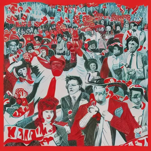 Prompt: a communist revolution in Candy Land, 1960s illustration, high quality, collage in the style of Klaus Voormann, album cover, white and red peppermint motif