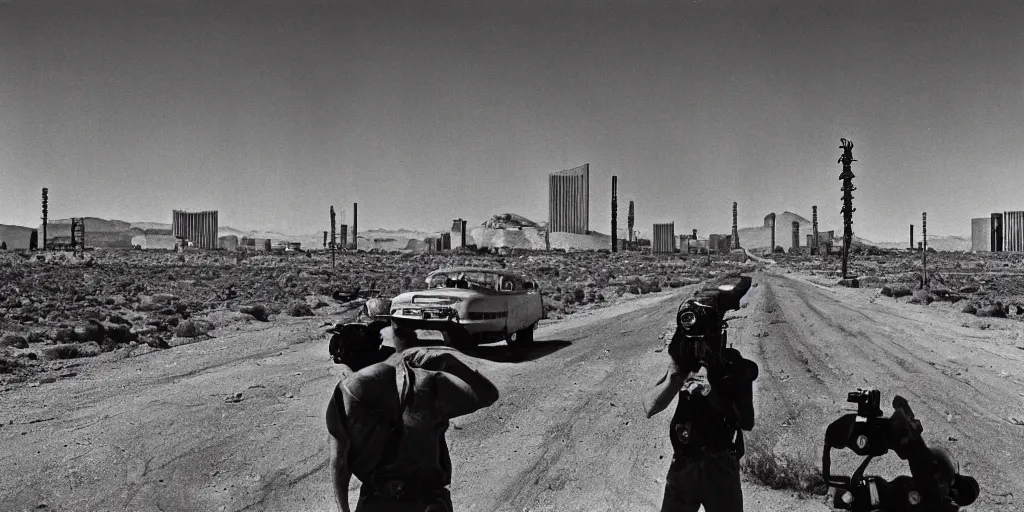 Prompt: portrait of irradiated post apocalyptic nuclear wasteland 1950s future las vegas strip black and white award winning photo highly detailed Arriflex 35 II, lighting by stanley kubrick