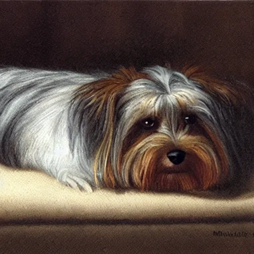 Prompt: an old happy brown and gray Yorkshire terrier dog lounging in a white bed, long hair, extremely detailed masterpiece, illustration, by Michael Sowa,