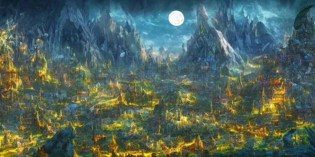 Prompt: City on Bird World, a bright fantasy world inhabited by anthropomorphic birds, a city built into giant trees with distant mountains, fantasy landscape, concept art, matte painting