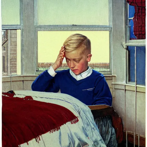 Image similar to painting of a blonde boy with blue eyes praying next to his bed that god will answer his prayers, crescent moon is visible outside his window, by Norman Rockwell,
