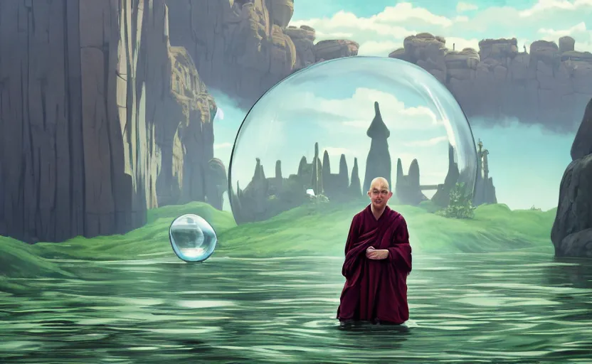 Image similar to a scary hyperrealist painting of a monk in a giant transparent bubble from howl's moving castle ( 2 0 0 4 ) in a flooded monument valley stonehenge jungle. depth perception, 4 k, artstation, in the style of studio ghibli